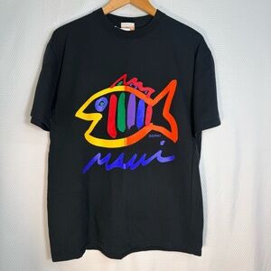 Vintage Maui Fish Graphic Tee - Black with Multi-Color Fish